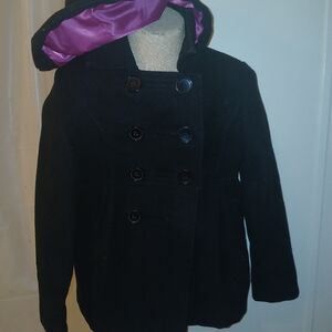 Girls Black Double-Breasted Coat with Pink Lining